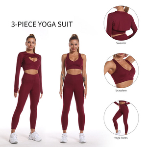 Conjunto de Yoga sin costuras de tres piezas personalizado para mujer, mallas deportivas para gimnasio y Top corto, ropa deportiva de entrenamiento - Product Image 4