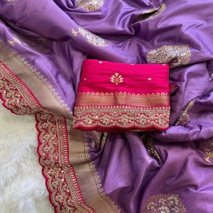 Sari en soie Dola VASTRA COTTAGE avec double tissage Zari, bordure brodée en cordon, séquence Zari, pallu Zari avec blouse non cousue - Product Image 6