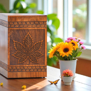 Urne funéraire en bois gravée feuille d'érable, souvenir commémoratif personnalisé pour les cendres d'adultes, urnes funéraires pour hommes et femmes - Product Image 4