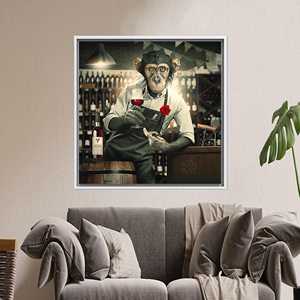 Elegante cuadro en lienzo inspirado en Banksy con estampado de mono barman para decoración del hogar, enmarcado en blanco - Product Image 1