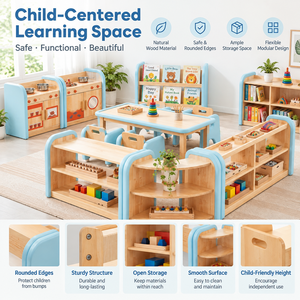 Montessori Holzmöbel-Set für Kleinkinder mit Weichen Kanten für Vorschule, Kindergarten und Tagesstätte - Komplette Umgebung mit Tisch und Regal - Product Image 2