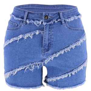 Pantalones cortos de mezclilla de cintura alta para mujer, decoración de encaje, venta al por mayor, pantalones de moda Vintage sin forro con cremallera, borde crudo, recto para verano - Product Image 4