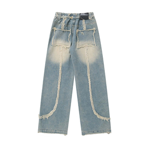 Jeans en denim unisexe à taille mi-haute, coupe slim, broderie, évasés, couleur personnalisée, délavé à la pierre, streetwear uni, déchirés, patchwork au niveau des genoux - Product Image 2