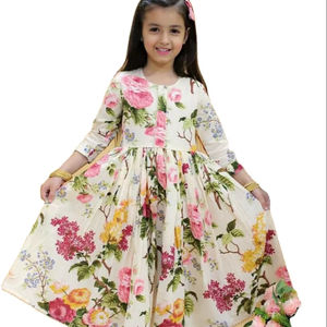 Travail au sol fête et fonction indiennes porter imprimé fleuri semi point 3/4 manches motif robe longue avec étole - Product Image 1