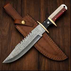 Cuchillo de Caza de Acero de Damasco de Hoja Fija Hecho a Mano, Cuchillos de Hoja Fija para Supervivencia con Funda de Cuero Fino, Cuchillos de Acero Personalizados - Product Image 1