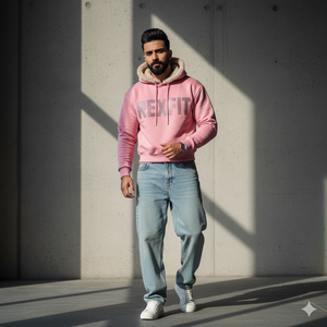 Rexfit Sports Men <b>Pink</b> Full Zip <b>Hoodie</b> with Front Chest Print & Fur Embellishment On Hood | Modern Streetwear Winter <b>Hoodie</b> - Product Image 2