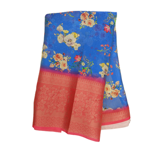 Saree bleu à impression numérique en tissu élégant avec broderie complexe-Parfait pour les occasions traditionnelles et les célébrations festives - Product Image 1