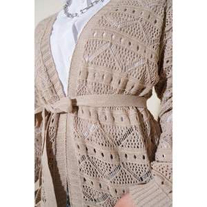 Beige Knitwear <b>Cardigan</b> <b>with</b> Zigzag Patterned Holes Buttons Long Casual Plus Size Acrylic <b>Cardigan</b> for Spring Summer & Winter - Product Image 3
