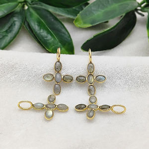 Pendentif Religieux Croix Labradorite Pendentif Pierre Précieuse Ovale Plaqué Or Bijoux de Mode pour Femmes Collier Charm - Product Image 1