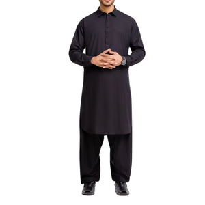 New 2026 Wholesale Elegant Jet <b>Black</b> Men's Traditional Shalwar Kameez Set <b>Button</b> Down Collared Kameez for Winter Season - Product Image 2