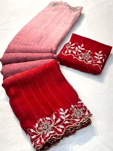 Faux Georgette Đẹp In Ưa Thích Cắt Biên Giới Làm Việc 5.5 Mtr Dài Chiều Dài Kitty Đảng Đặc Biệt Thời Trang Saree Áo Mảnh - Product Image 3