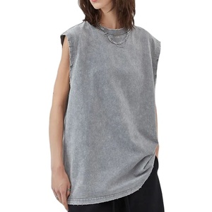 Women's New Acid Wash Cotton Tank Fashionable Solid Long Sleeveless <b>Crop</b> Plus Size Summer Breathable - Product Image 1
