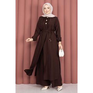 Ensemble tunique longue en crêpe et tweed marron pour femme, col mandarin à lacets, style bureau, blazer et pantalon, coupe ample pour l'été - Product Image 3