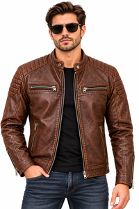 Men Distressed Vintage Genuine Leather Bomber Jacket Biker Retro Cafe <b>Racer</b> Motorcycle Cowhide Zipper Street Stylish Casual - Product Image 6