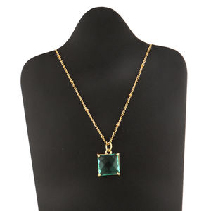 Bijoux de mode bohème forme carrée à facettes Aqua calcédoine ensemble pendentif collier plaqué or perlé chaîne collier bijoux - Product Image 2