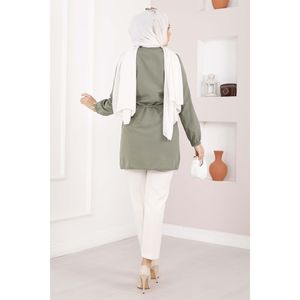 Top de Mujer Color Caqui con Detalle Acanalado y Cordones, Bordado, Corte Ajustado, Talla XL, Diseño 3D Hecho a Mano, para Oficina en Primavera - Product Image 3