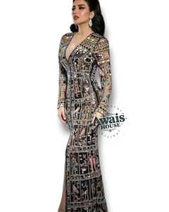Robe de Soirée de Luxe Premium Broderie Perles Cristaux Diamants Col en V Longueur Ras du Sol Coupe A-Line Taille Empire Écologique - Product Image 2