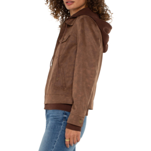 Veste de camionneur en faux daim pour femmes avec capuche à cordon amovible bavoir Double couche fermeture éclair nouvelle tendance vêtements d'extérieur pour femmes - Product Image 4