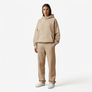 Womens Beige Oversized Hoodie Tracksuit <b>Set</b> Fleece Pullover Sweatshirt <b>Jogger</b> Pants <b>Matching</b> Casual Streetwear Loungewear - Product Image 1