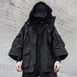 Veste en toile technique noire punk pour homme, automne, logo personnalisé, fermeture éclair à boucle, streetwear, multi-poches, à capuche, séchage rapide, col montant - Product Image 3