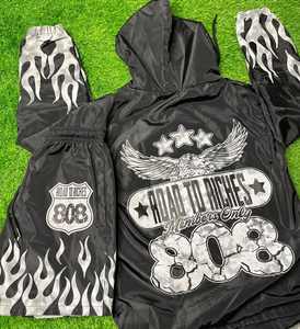 Ensemble survêtement décontracté deux pièces pour homme, veste coupe-vent en nylon style streetwear d'été, avec logo brodé flamme, vente chaude - Product Image 2