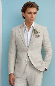 Abito da <span class=keywords><strong>uomo</strong></span> in lino <span class=keywords><strong>Beige</strong></span> abito da sposa Slim Fit da smoking per abiti da cerimonia da <span class=keywords><strong>uomo</strong></span> con due bottoni personalizzati