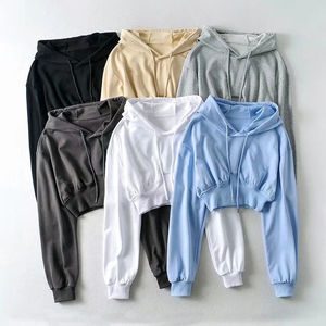 Venta al por mayor de alta calidad de moda liso logotipo personalizado de impresión 100% algodón corto de las mujeres de gran tamaño Crop Top señoras sudaderas con capucha - Product Image 6