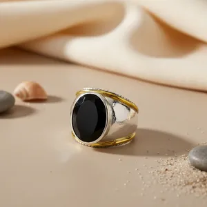 Women's <b>Boho</b> Statement Silver Onyx <b>Ring</b> Fine Sterling Turquoise Stone Cut Gift for Her Men's Style - Product Image 2
