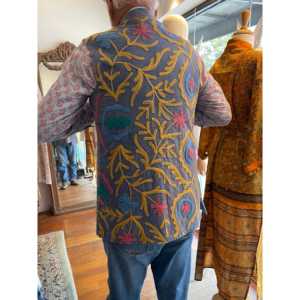 Mens Luxury Vintage <b>Nehru</b> Jacket Suzani Blue Velvet Embroidered Pattern Hooded Collar Water Proof XS Size for Spring Retail - Product Image 3