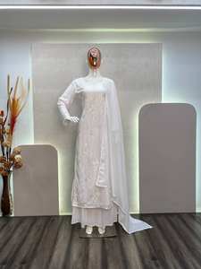 Conjunto de Moda Veraniego, Top con Bordado de Hilo de Algodón Muselina, Sharara, Dupatta Blanca, Estilo Bollywood, para Fiesta, Invierno, Secado Rápido, Antiarrugas - Product Image 3