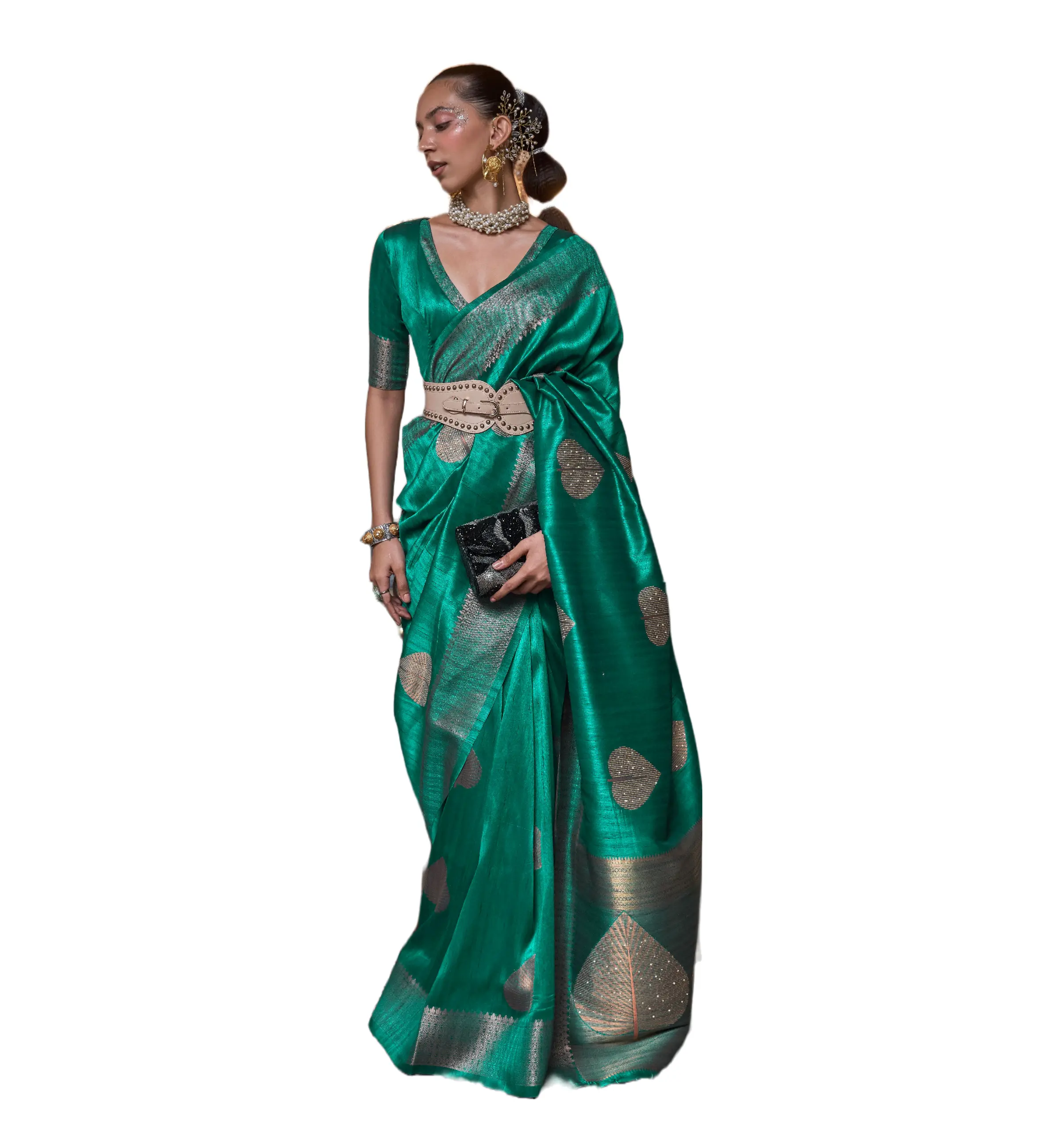 Sari Sutra Murni India & Pakistan dengan Tembaga Zari Tenun Kerja Sequin Nilai Tambah Sari Tenun Buatan Tangan untuk Wanita