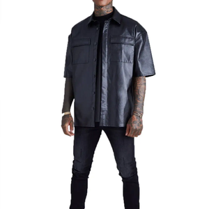 Camisas de manga larga hechas de cuero para hombre al por mayor personalizadas camisas de cuero con botones de manga sólida de la mejor calidad para hombre Rojo Negro - Product Image 3