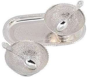 Polished German Silver Classic Bowl Set 2 Bowls 2 Spoons Capsule Tray (5-Piece) Velvet Gift <b>Box</b> for Wedding <b>Birthday</b> Festive - Product Image 5