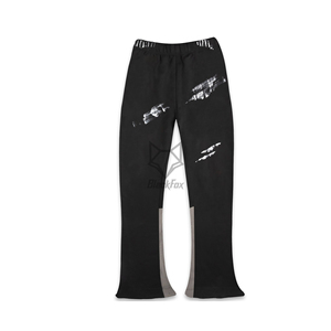 Pantalon de survêtement taille moyenne DTF personnalisé pour hommes, nouveau pantalon en polaire évasé décontracté à la mode avec décoration et poches en patchwork vieilli - Product Image 1