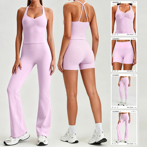 Ensemble de yoga sans couture pour femme, 2 pièces : Leggings taille haute et débardeur froncé à dos croisé, couleur unie, tenue de sport - Product Image 6