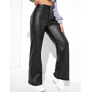 Pantalones rectos de pierna ancha y cintura alta para mujer, pantalones con aspecto de cuero, bolsillos personalizados, estilo Hip Hop transpirable para invierno - Product Image 3