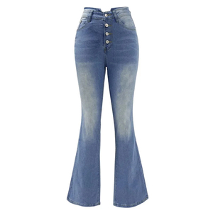 Saleh Enterprises Ladies High Waist Flare Bottom Jeans Washed <b>Stretch</b> <b>Denim</b> Eco-Friendly Breathable Vintage Y2K Wide Leg Fashion - Product Image 2