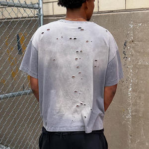 Logo personnalisé T-shirt homme 100% coton col rond surdimensionné lavé à l'acide trous en détresse avec motif solide T-Shirt personnalisable - Product Image 5