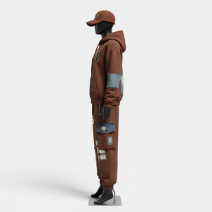 Chándal de Mujer de Alta Calidad en Algodón y Poliéster con Forro Polar, Tejido Cálido GSM, Panel de Mezclilla Marrón, Logotipo Personalizado, Tallas Grandes - Product Image 3