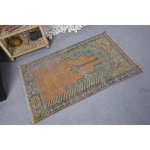 Alfombra de lana Vintage 2,5X3,9 pies Patrón geométrico naranja y verde Técnicas 3D para sala de estar o pasillo Respaldo de látex - Product Image 2