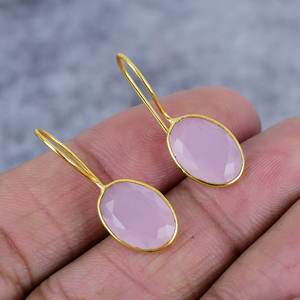 Pendientes de piedras preciosas ovaladas de Calcedonia Rosa delicada de Plata de Ley 925, alambre chapado en oro de moda para mujeres para fiestas, aniversarios - Product Image 1
