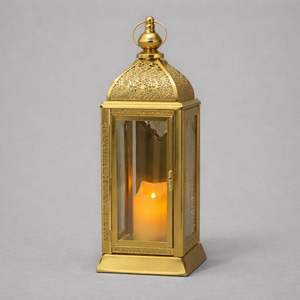 <b>Gold</b> Finish Metal Moroccan <b>Lantern</b> with Glass Panels Intricate Cutwork Warm Candle Glow for Festive Home Decor and Gifting - Product Image 5