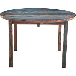 Mesa de comedor redonda hecha de madera de barco reciclada maciza multicolor para uso en interiores y exteriores. - Product Image 6