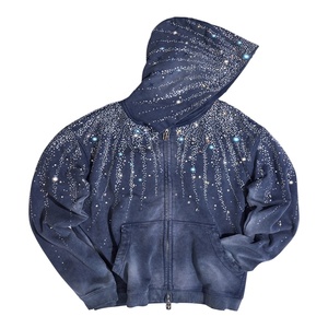 Sweat à capuche zippé en coton épais avec strass délavés au soleil, coupe ample, style streetwear pour homme - Product Image 1