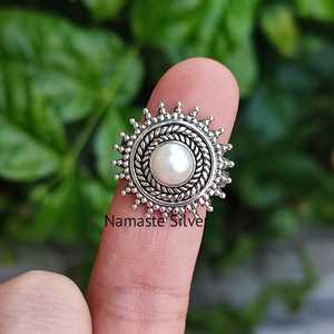 Handmade 925 Sterling <b>Silver</b> Boho <b>Statement</b> <b>Ring</b> Freshwater Pearl Jewelry Gift for Women on Valentine's Day - Product Image 2