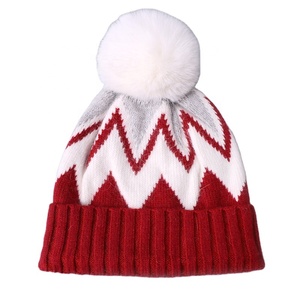 Winter Women's Custom <b>Wool</b> Ski Cap Mixed Color Knitted Stripe Pattern Faux Fur Pompon Cute Cuff <b>Beanie</b> for Performance Cycling - Product Image 4