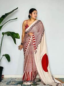 Sari Exclusivo Tradicional de la India de Seda Satén con Estampado Digital, Elegante Ropa de Fiesta y Boda para Novia, Boutique India Más Buscada - Product Image 4