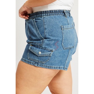 100% algodón de cintura alta Denim Cargo mujeres pantalones cortos bolsillos laterales cinturón-loop cintura de talla grande Casual Cargo corto transpirable pantalón - Product Image 5