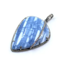 925 Sterling Silver Pendant Natural Blue Opal Smooth Gemstone Diamond Pendant Jewelry