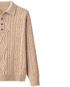 Suéter Polo de Punto Trenzado para Hombre, Manga Larga, Cuello con Botones, Suave, para Invierno, en Beige Caqui, para Pedidos al por Mayor - Product Image 4
